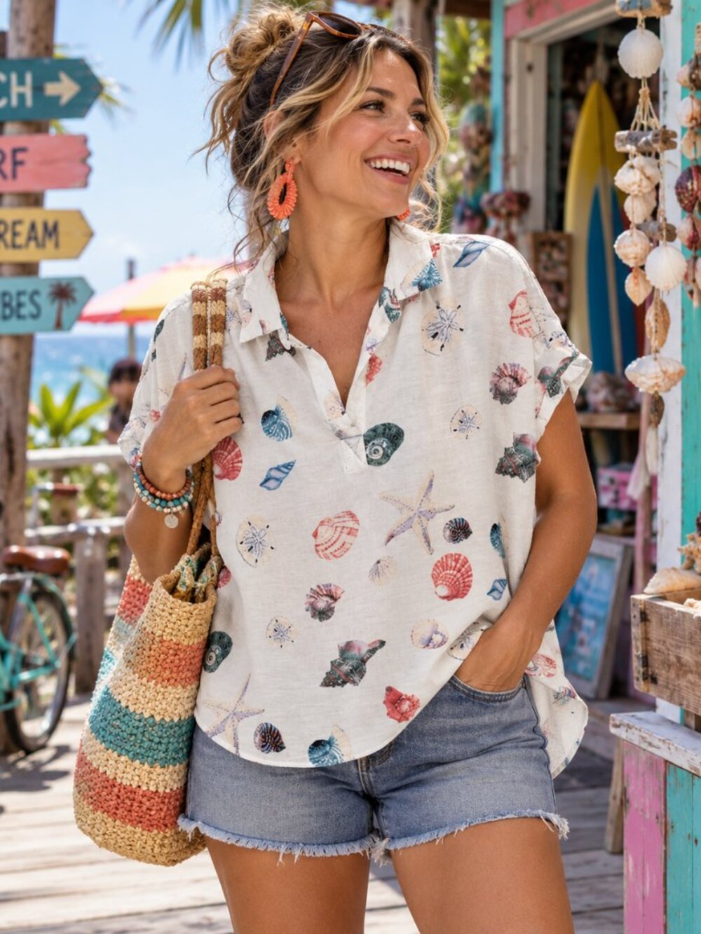 Jane + Delancey Seashell Linen Blend Blouse | Coastal Beach Vacation | XL